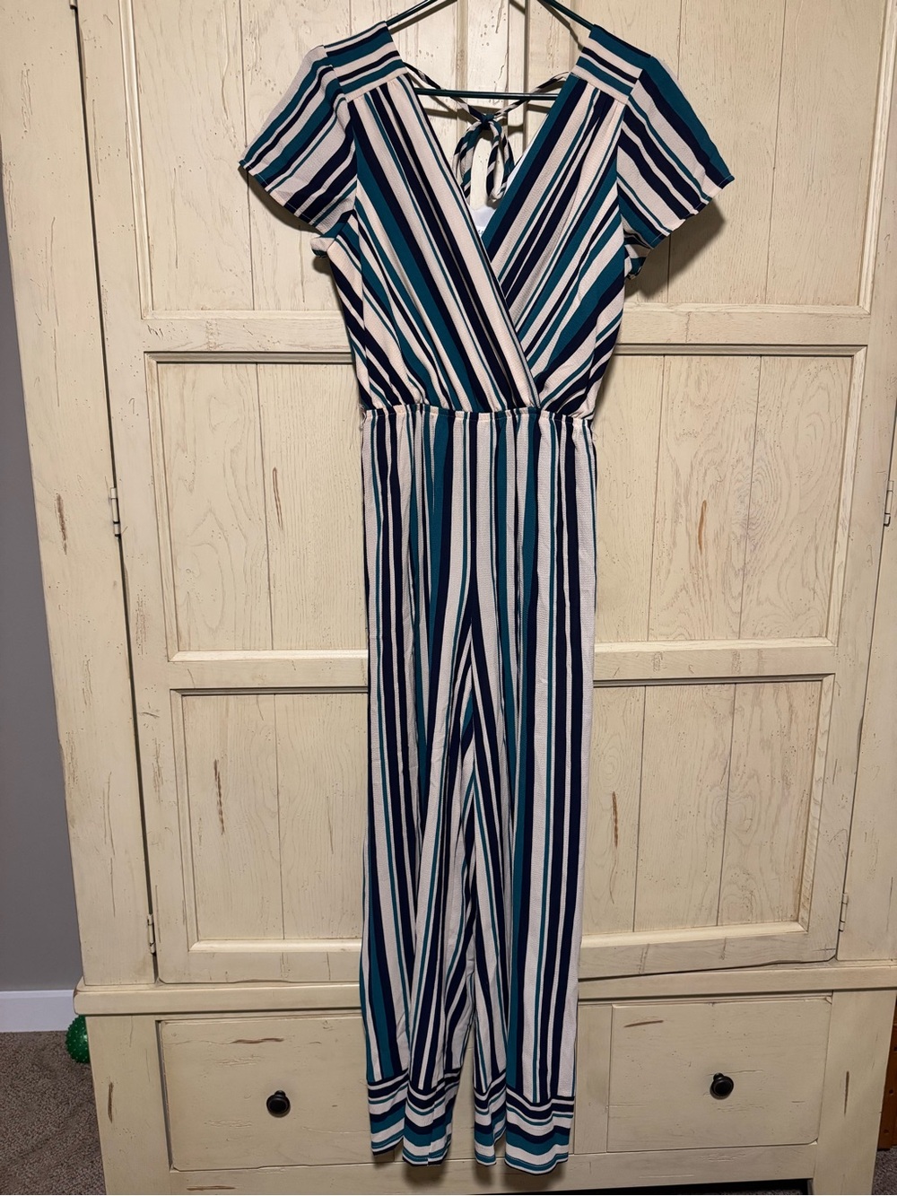bailey blue Striped Teal, Navy & White Wrap Jumpsuit